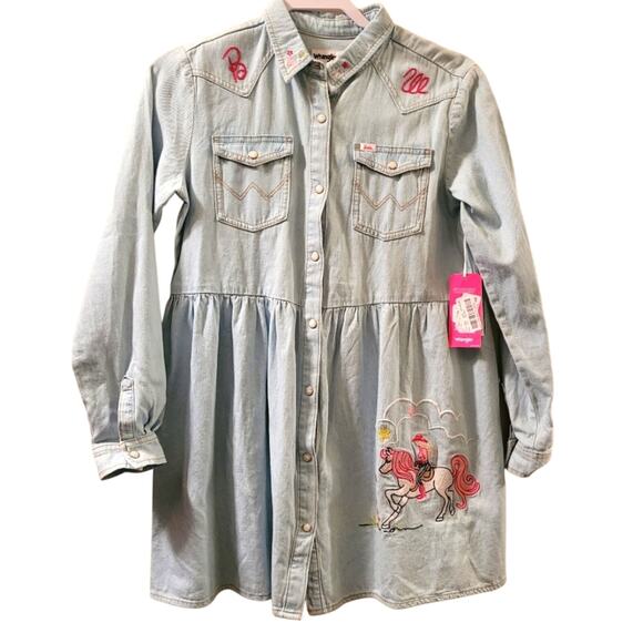 Wrangler Barbie Girls Denim Embroidered Shirt Dress Pearl Snap Western XXL - Picture 1 of 14